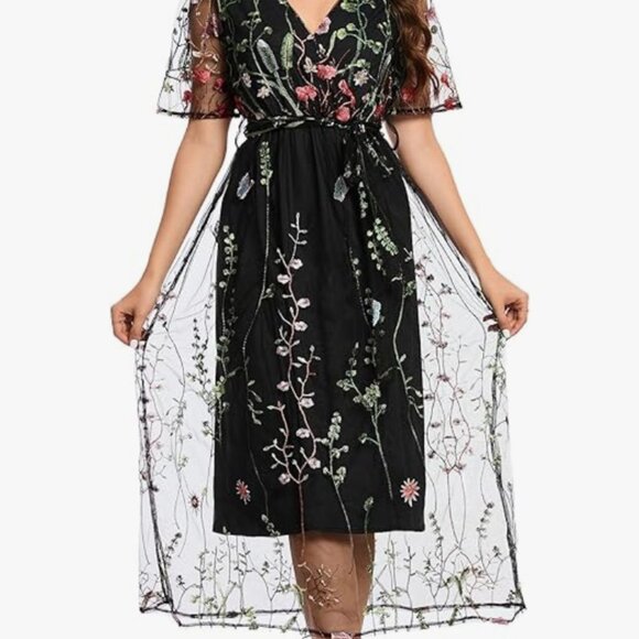 Floral Embroidered Tulle Midi Dress - Picture 3 of 6